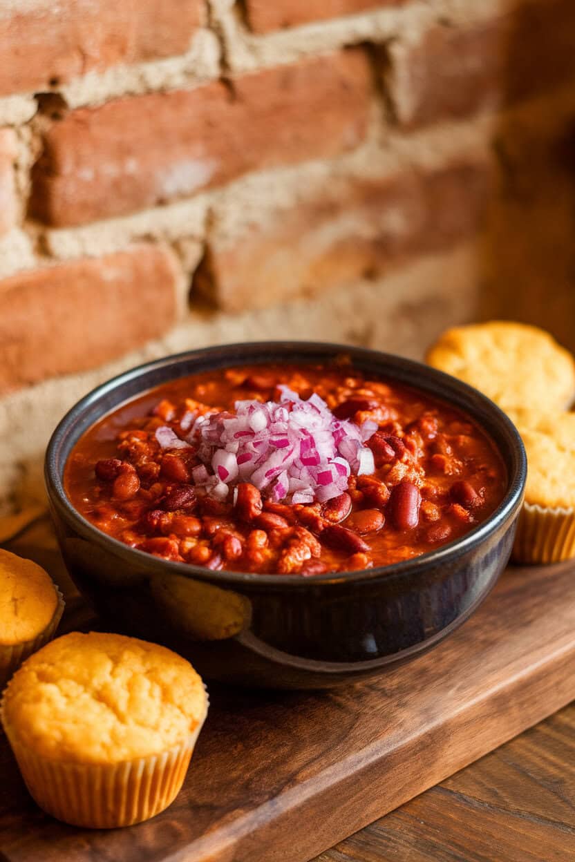 Indoor photo of a deep bowl of elk chili with red beans, garnished with minced red onion; no text or logos