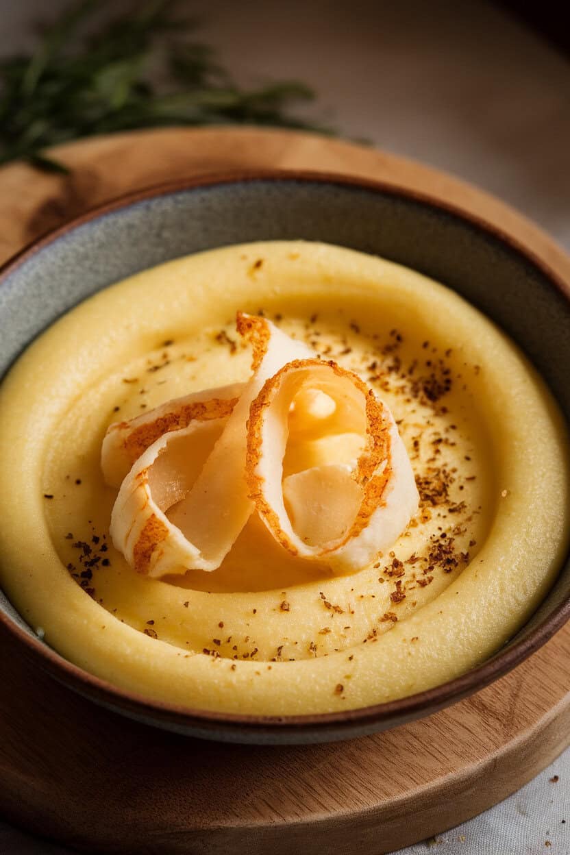 An indoor close-up of a shallow bowl of creamy cooked polenta, a soft Parmesan ribbon melting on top. Gentle golden lighting; no text or logos anywhere. Photo only.