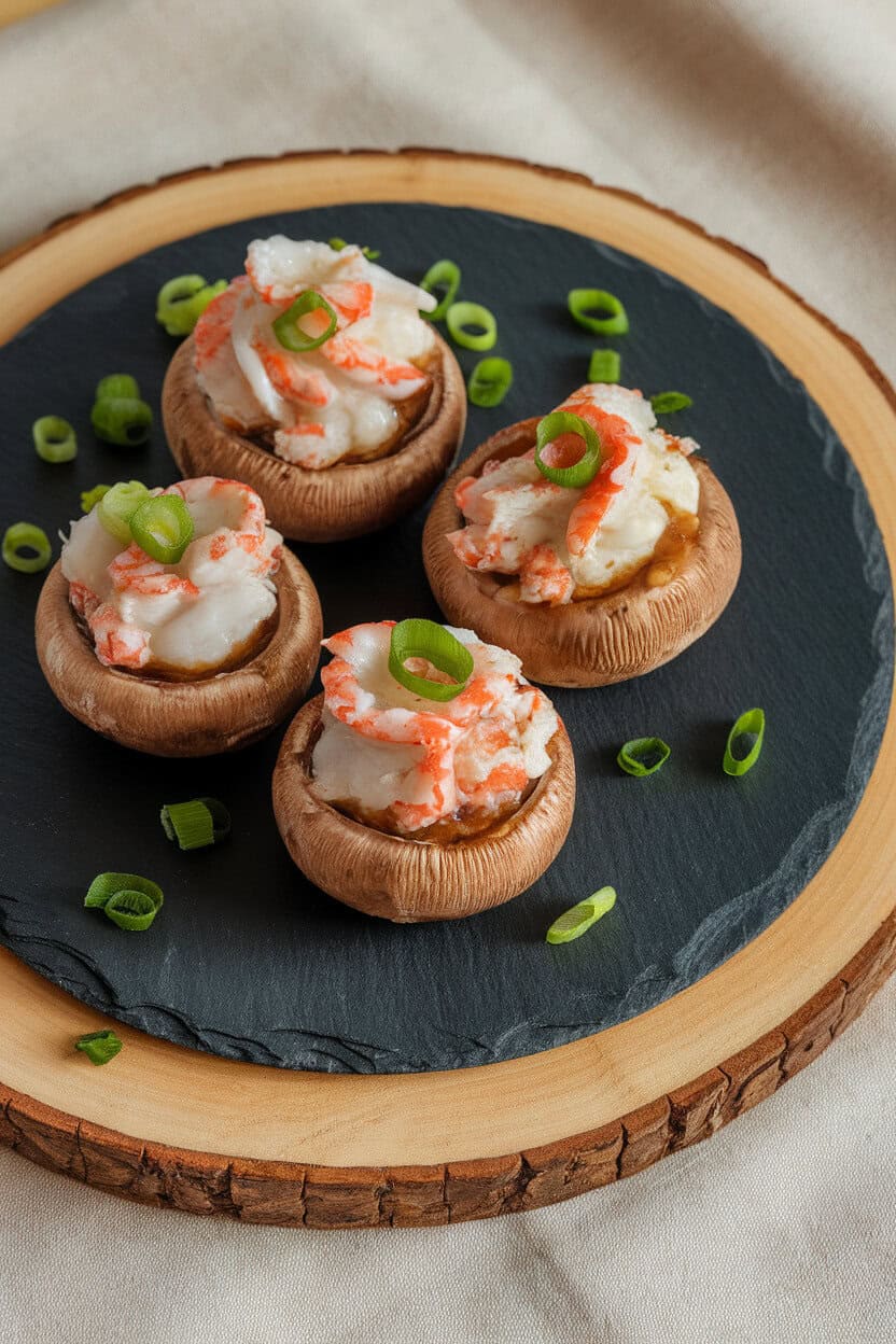 Photo indoors of a slate plate containing mushrooms stuffed with crab, miso glaze, and sliced scallion accents. No text or logos visible.