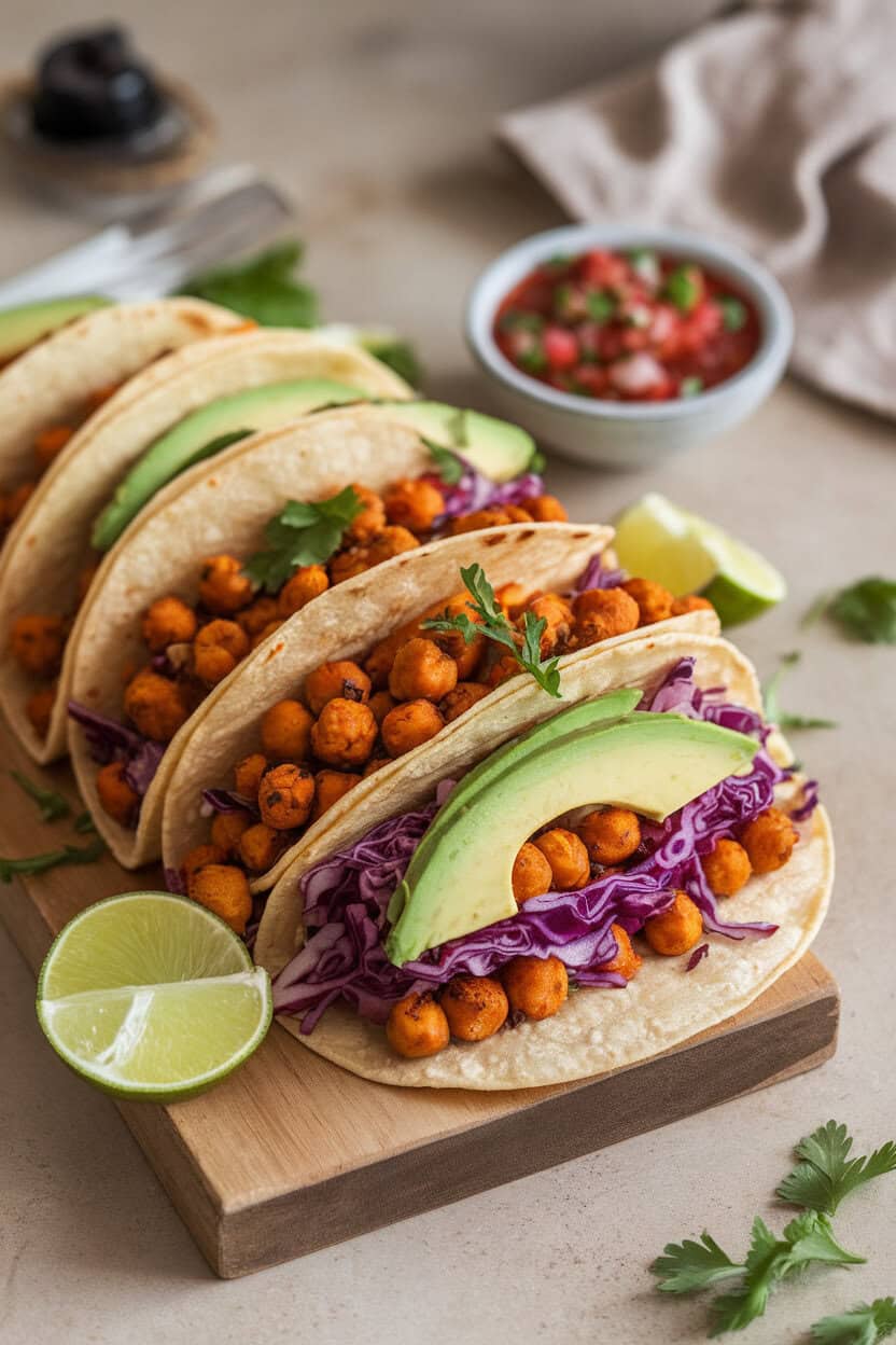 An indoor taco platter showing crunchy corn tortillas filled with spiced crispy chickpeas, purple cabbage slaw, and avocado slices—photo, no text or logos