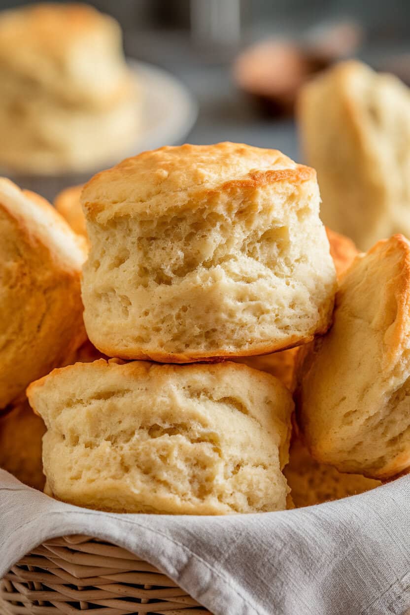 Indoor close-up of towering flaky buttermilk biscuits in a basket with a linen napkin. No text or logos. Photo, not illustration.