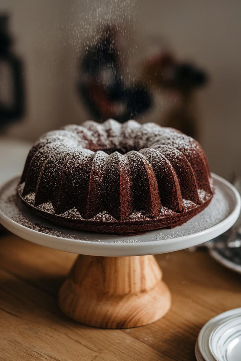 Photo, not illustration. Indoor cake stand featuring a deep black cocoa Bundt cake dusted lightly with powdered sugar stars. No brand marks.
