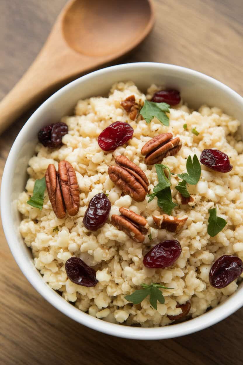 An indoor bowl of fluffy couscous dotted with dried cranberries, chopped pecans, and parsley, wooden spoon resting alongside. No text or logos. Photo.</Prompt
