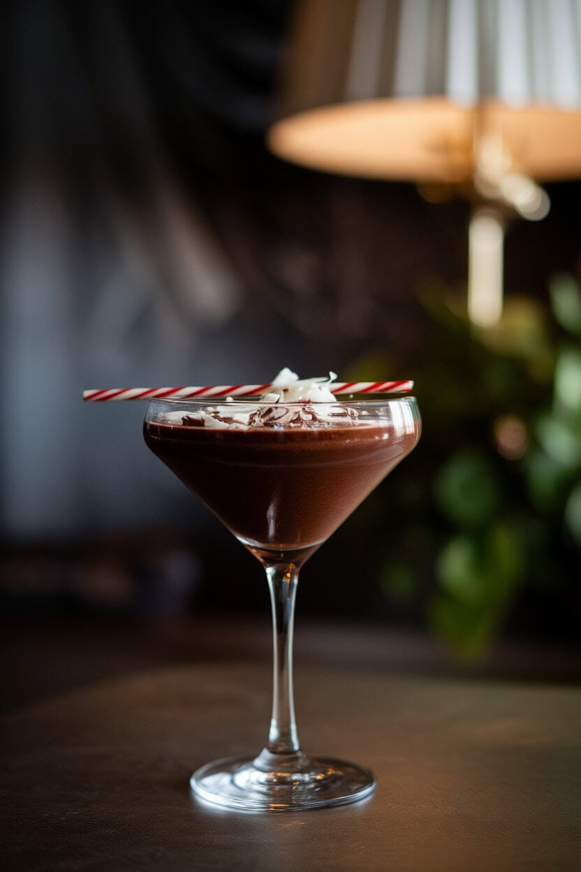Photo of a sleek martini glass indoors, dark chocolate cocktail with white chocolate shavings on top, striped peppermint stick as stirrer. No text or logos.