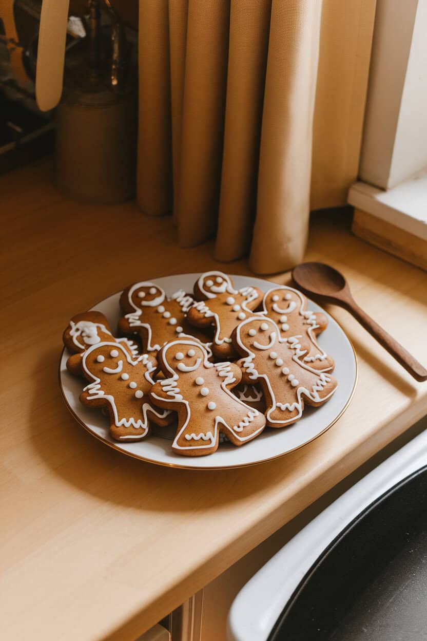 A warmly lit indoor kitchen counter featuring a plate of classic gingerbread men cookies decorated with white icing, captured from a slight overhead angle. Photo only, no text or logos in view.