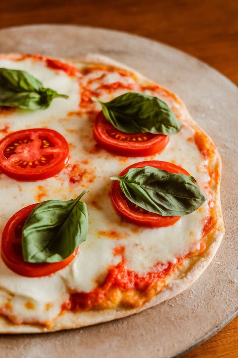An indoor pizza stone scene showing a thin flatbread topped with melted mozzarella, tomato slices, and fresh basil leaves, cheese bubbling slightly. Photo only, no logos or text.