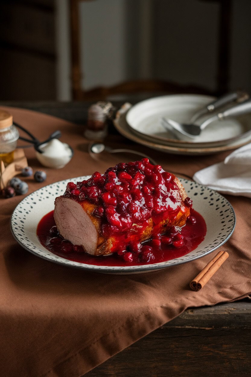 Indoor rustic table with pork loin drenched in crimson cranberry-orange sauce, cinnamon stick nearby; no branding.