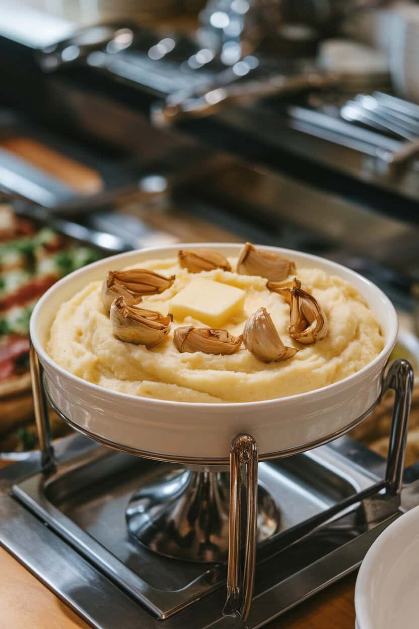 A white serving bowl on an indoor buffet piled high with creamy mashed potatoes, roasted garlic cloves swirled in, a pat of butter melting on top; no text or logos. Photo.