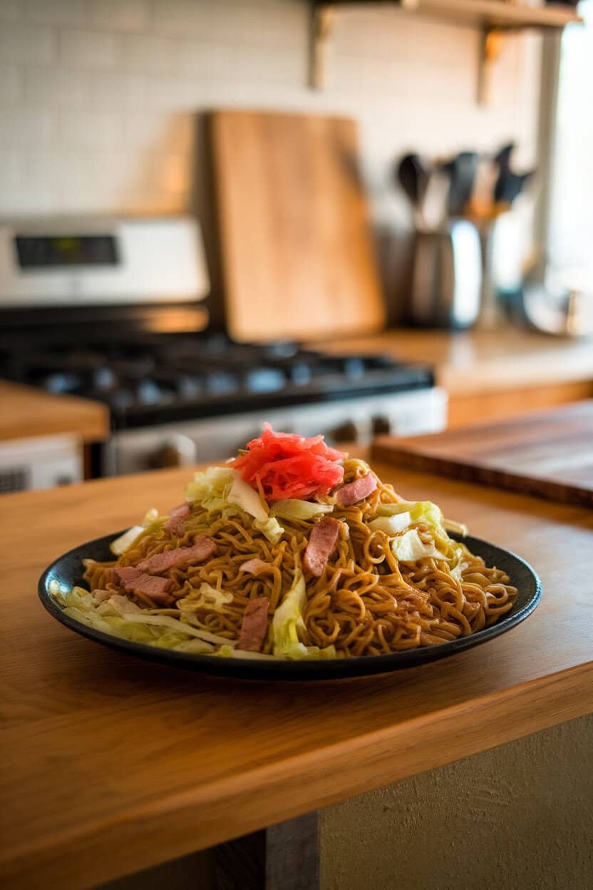 An indoor kitchen island featuring a platter of stir-fried yakisoba noodles speckled with cabbage, pork strips, and red pickled ginger. No text or logos. Photo, not illustration.