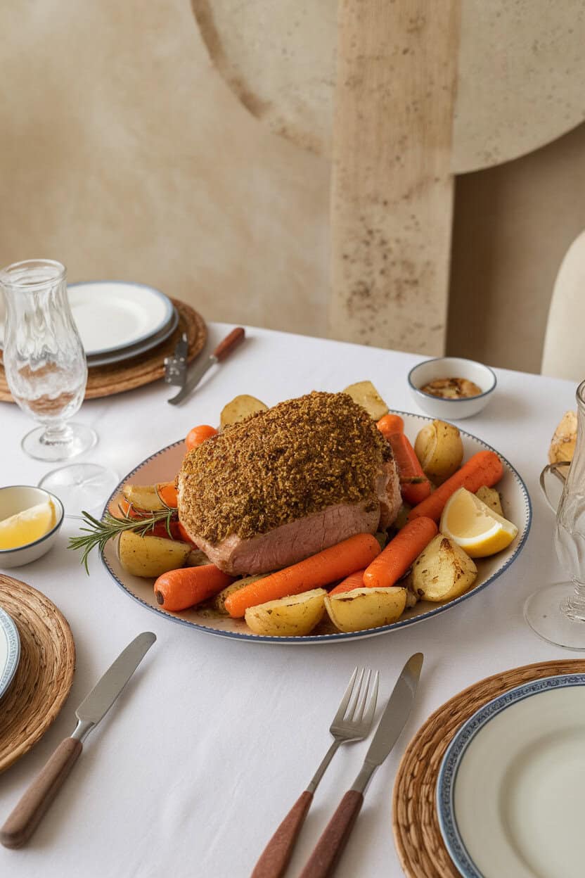 An indoor dinner table displaying sliced pork tenderloin with a herb crust, roasted carrots and potatoes alongside. Photo only, no text or logos.