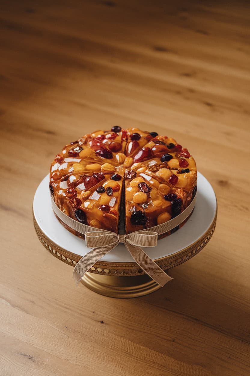 An indoor cake stand holding a round, sliced fruitcake rich with jewel-toned dried fruits and nuts, brushed with a glossy finish. No text or logos present. Photo, not illustration.