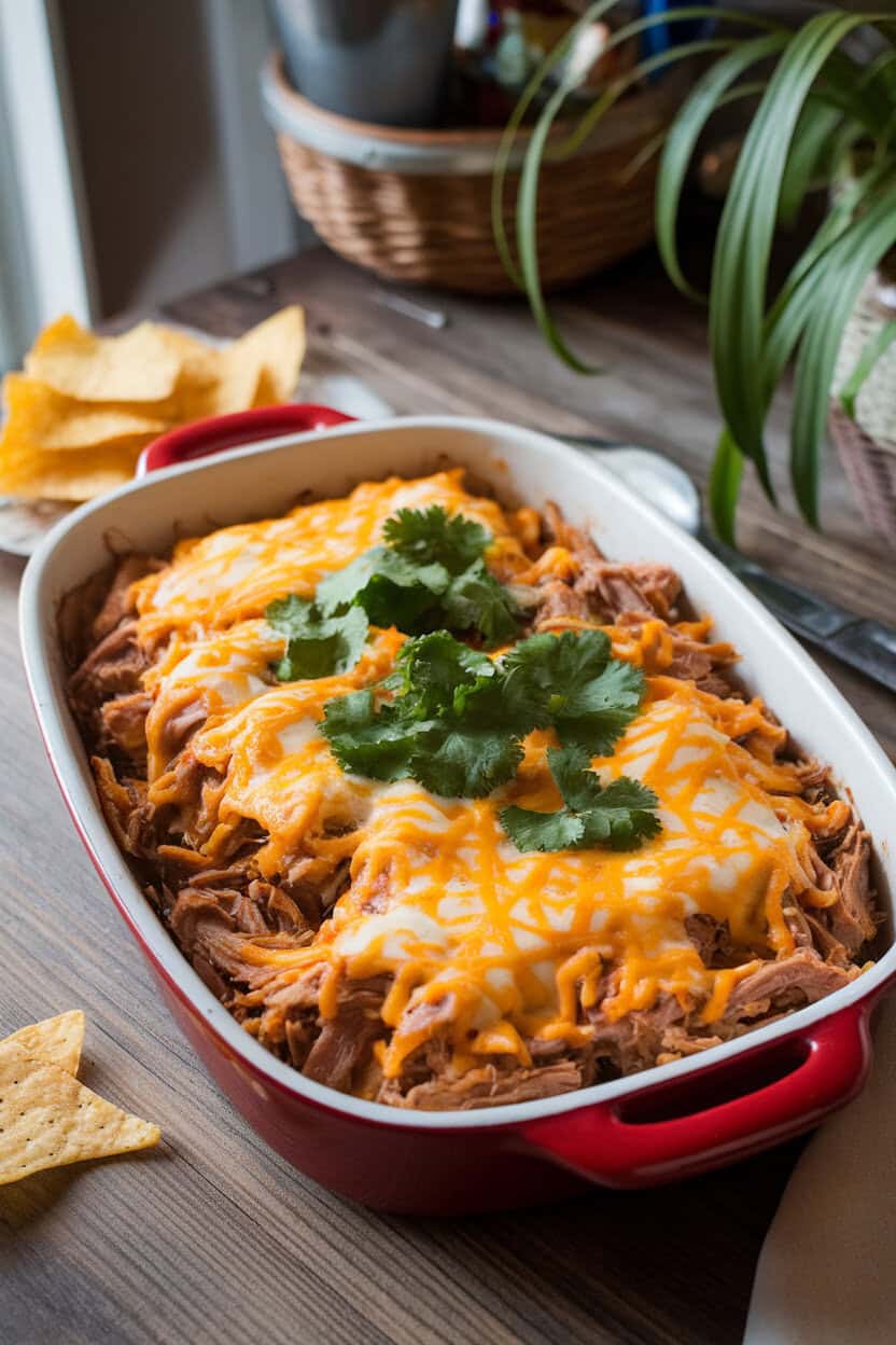 Indoor rustic table featuring a casserole filled with shredded green-chile pork and melted Monterey Jack, garnished with cilantro. No logos or text. Photograph.