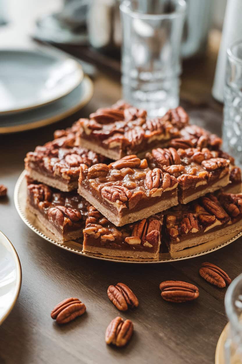 An indoor dining table with a platter of pecan pie bars, glossy tops catching soft light, scattered pecan halves nearby. No text or logos.
