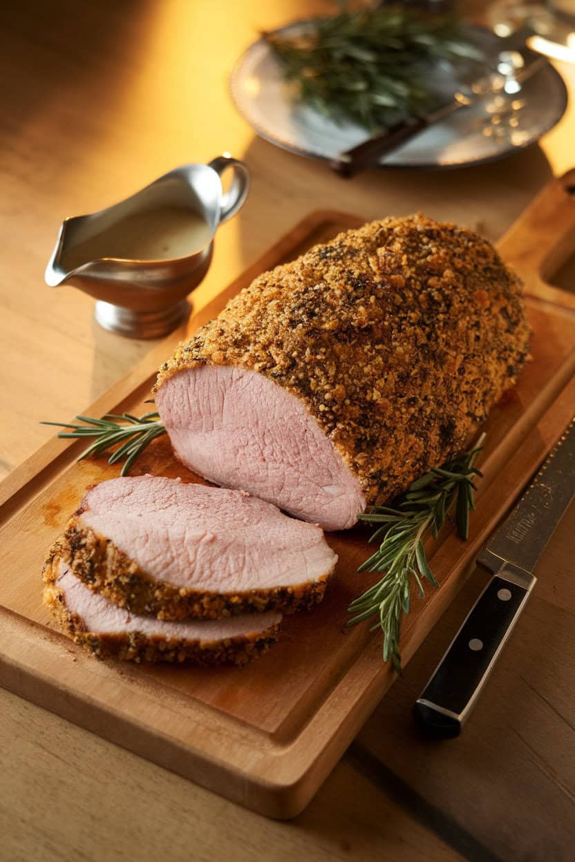 Indoor tabletop view of a carving board coated with breadcrumb-herb crusted pork loin, a small gravy boat alongside; warm lighting, no text or logos.