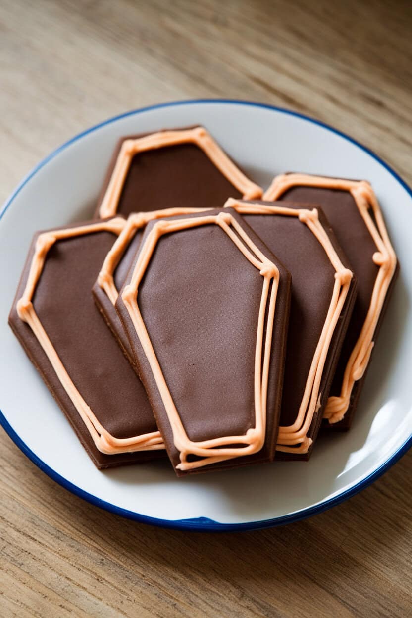 Photo, not illustration. Indoor plate of coffin-shaped chocolate cookies sandwiched with orange buttercream, edges clean, no brand markings.