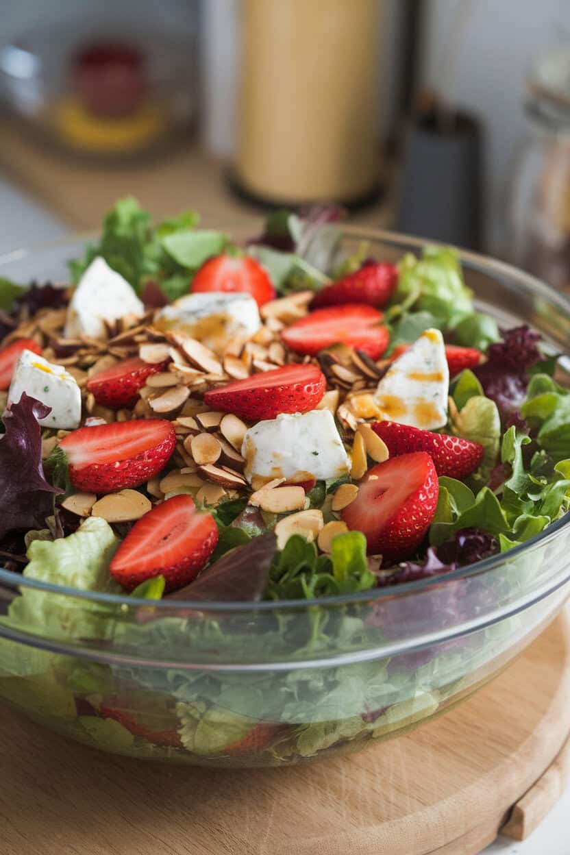 An indoor salad bowl filled with mixed greens, sliced strawberries, diced Brie, and toasted almonds drizzled with vinaigrette. No text or logos. Photo only.