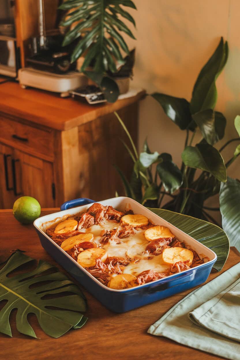 Indoor tropical-inspired kitchen table displaying a casserole with shredded mojo pork, sliced ripe plantains, and melted cheese, slight char on plantain edges. No logos or text. Photograph.