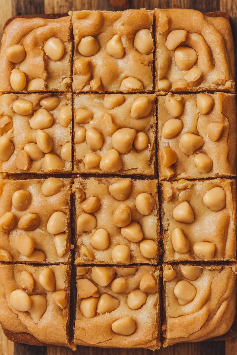 Squares of blondies dotted with toffee bits on a wooden indoor board, the butter-brown tops glistening slightly. No text or logos. Photo, not illustration.