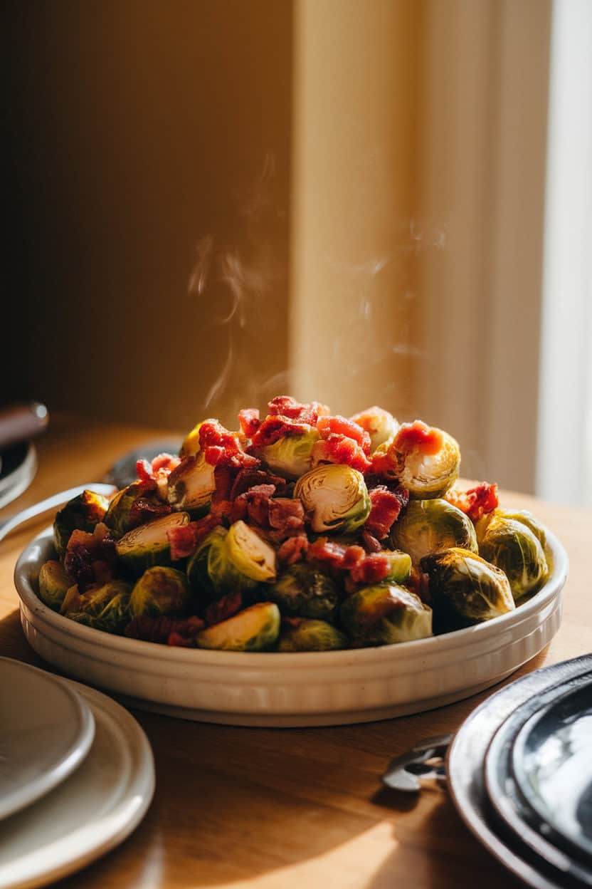 A warmly lit indoor dining table showcasing a white ceramic platter piled with roasted Brussels sprouts glazed in maple syrup and dotted with crispy bacon bits; gentle steam visible, no text or logos. Photo, not illustration.