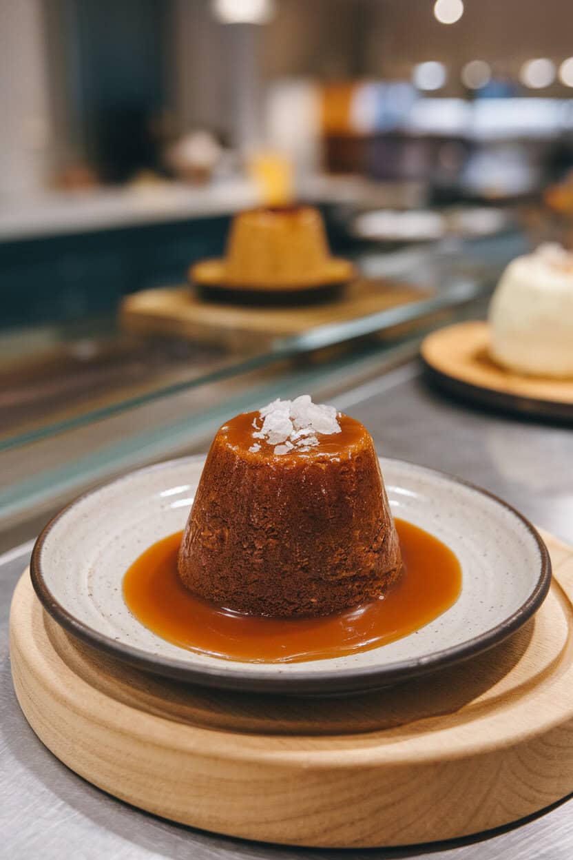 Photo of individual sticky toffee pudding on a small plate, sauce pooling around, indoor dessert counter setting. No text or logos present.