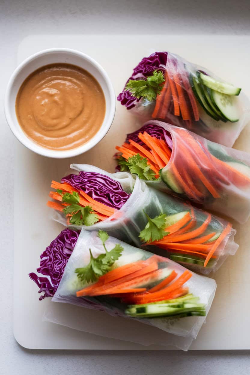 Indoor cutting board lined with translucent rice-paper rolls filled with vibrant sliced veggies—red cabbage, carrot, cucumber—served with peanut dipping sauce. No text or logos.