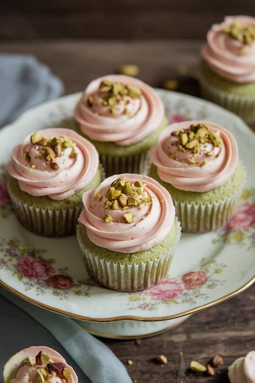 Indoor photo of pale green pistachio cupcakes with blush-pink rosewater frosting and a sprinkle of crushed pistachios, displayed on a vintage floral plate. No text or logos.