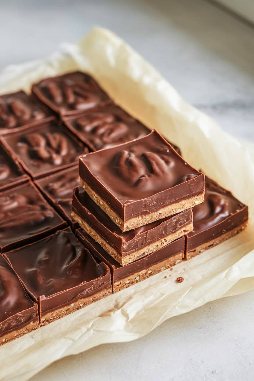 An indoor countertop with neat squares of chocolate pecan pie bars stacked slightly askew on parchment, glossy tops visible; no text or logos. Photo.