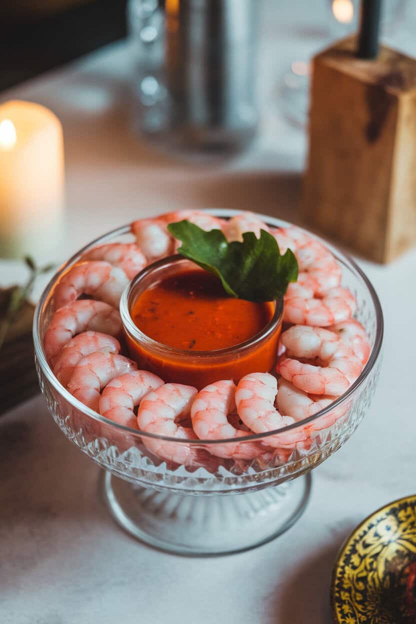 An indoor cocktail table with a glass bowl of pink cooked shrimp coiled in a brain-like mound around a ramekin of spicy cocktail sauce. No text or logos; photo.