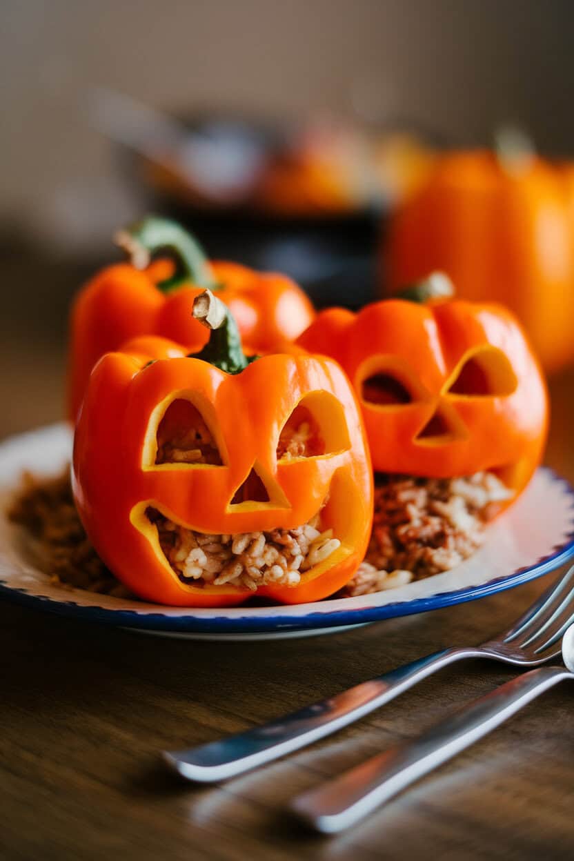 Photo, not illustration — indoor table scene with orange bell peppers carved like tiny jack-o’-lanterns, lids set askew to reveal rice and ground turkey filling; soft warm light, no text or logos