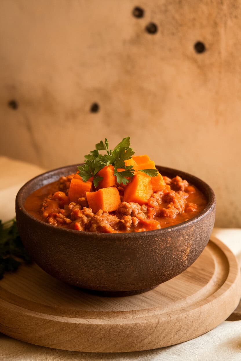 Indoor photo of a rustic bowl holding ground turkey chili with orange sweet potato chunks, garnished with fresh parsley; no text or logos