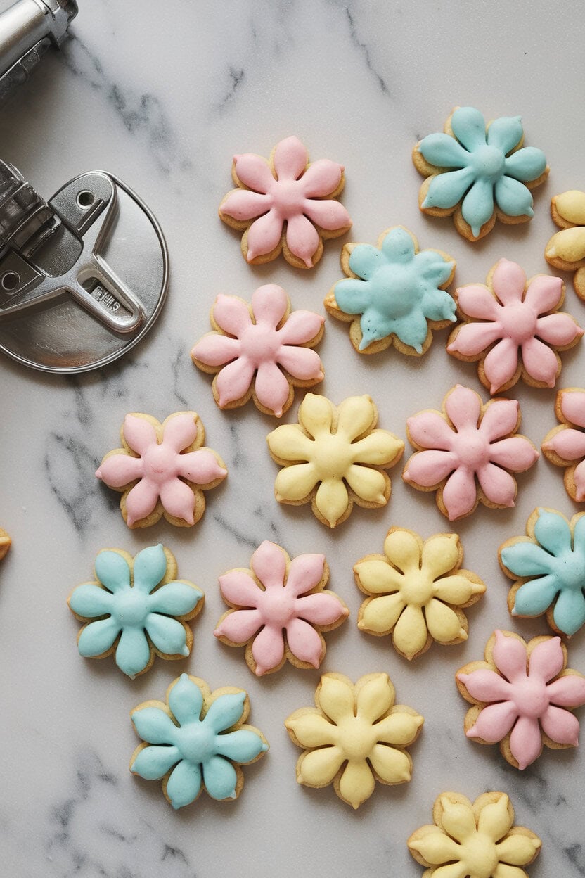 An indoor photo of flower-shaped almond spritz cookies in pastel colors, scattered across a marble countertop near a cookie press. No text or logos.