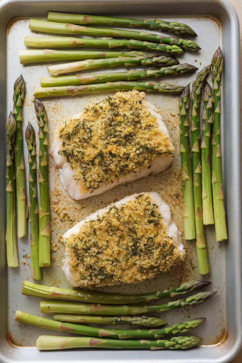 Indoor baking tray featuring cod fillets coated in green herb breadcrumbs, asparagus spears arranged around, all roasted and lightly browned. No branding visible.