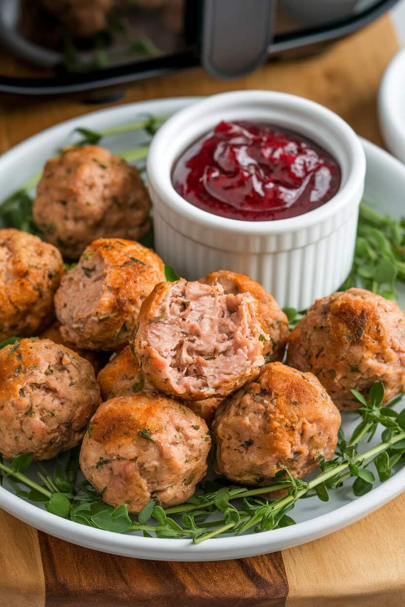 An indoor plate of bite-sized turkey meatballs browned in an air fryer, a small ramekin of cranberry mustard dipping sauce beside them. No text or logos. Photo, not illustration.