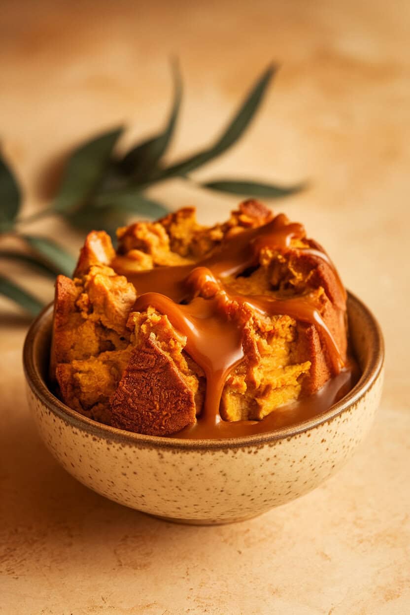 A dessert bowl of pumpkin spice bread pudding drizzled with caramel sauce, indoor lighting, no text or logos present.