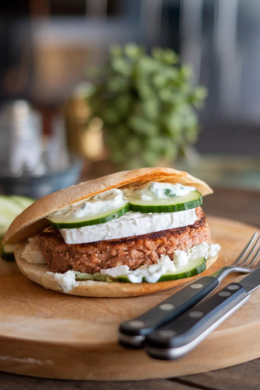 Indoor kitchen counter with turkey burger topped with feta, cucumber slices, and tzatziki in a pita pocket, no text or logos.