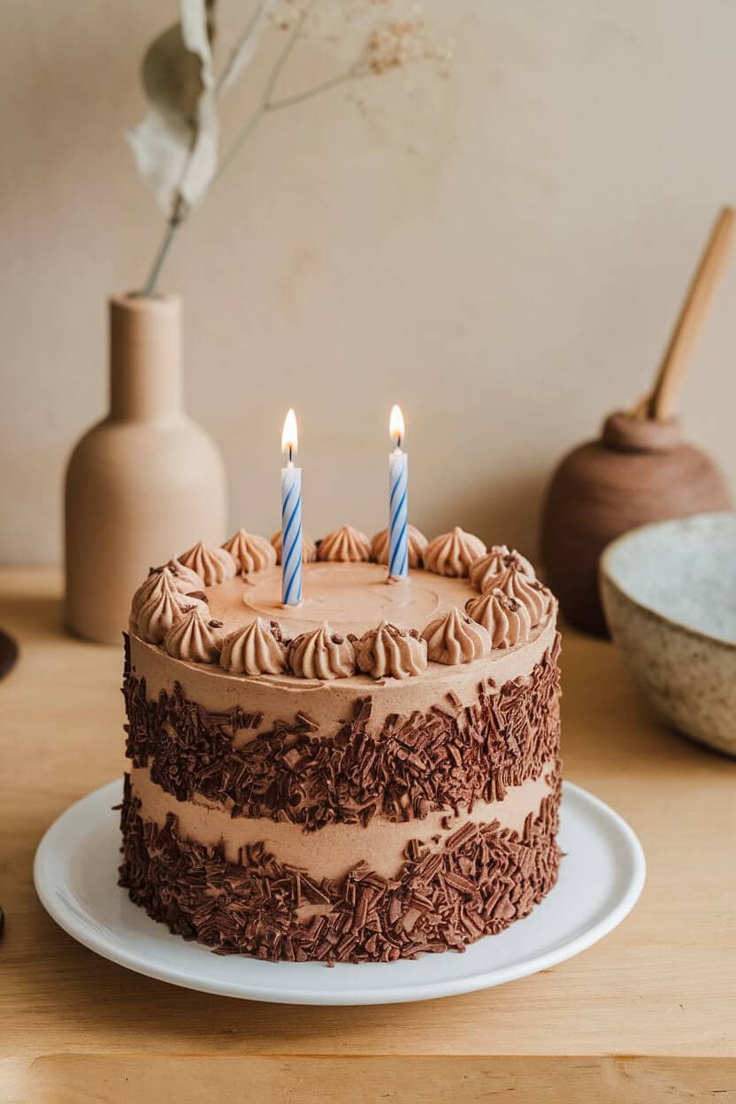 Indoor photo of a three-layer mocha cake with espresso buttercream and chocolate shavings, no text or logos