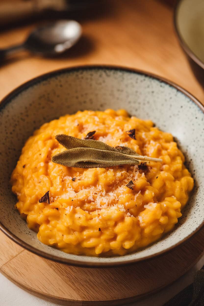An indoor shallow bowl of creamy golden pumpkin risotto garnished with crispy sage leaves and grated Parmesan. Warm lighting, no text or logos. Photo.</Prompt