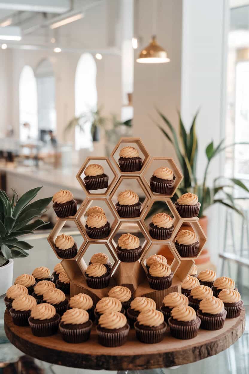 Photo, not illustration — indoor bakery display with tiny pumpkin cupcakes topped with espresso-infused frosting and a dusting of cinnamon; bright café lighting, no text or logos