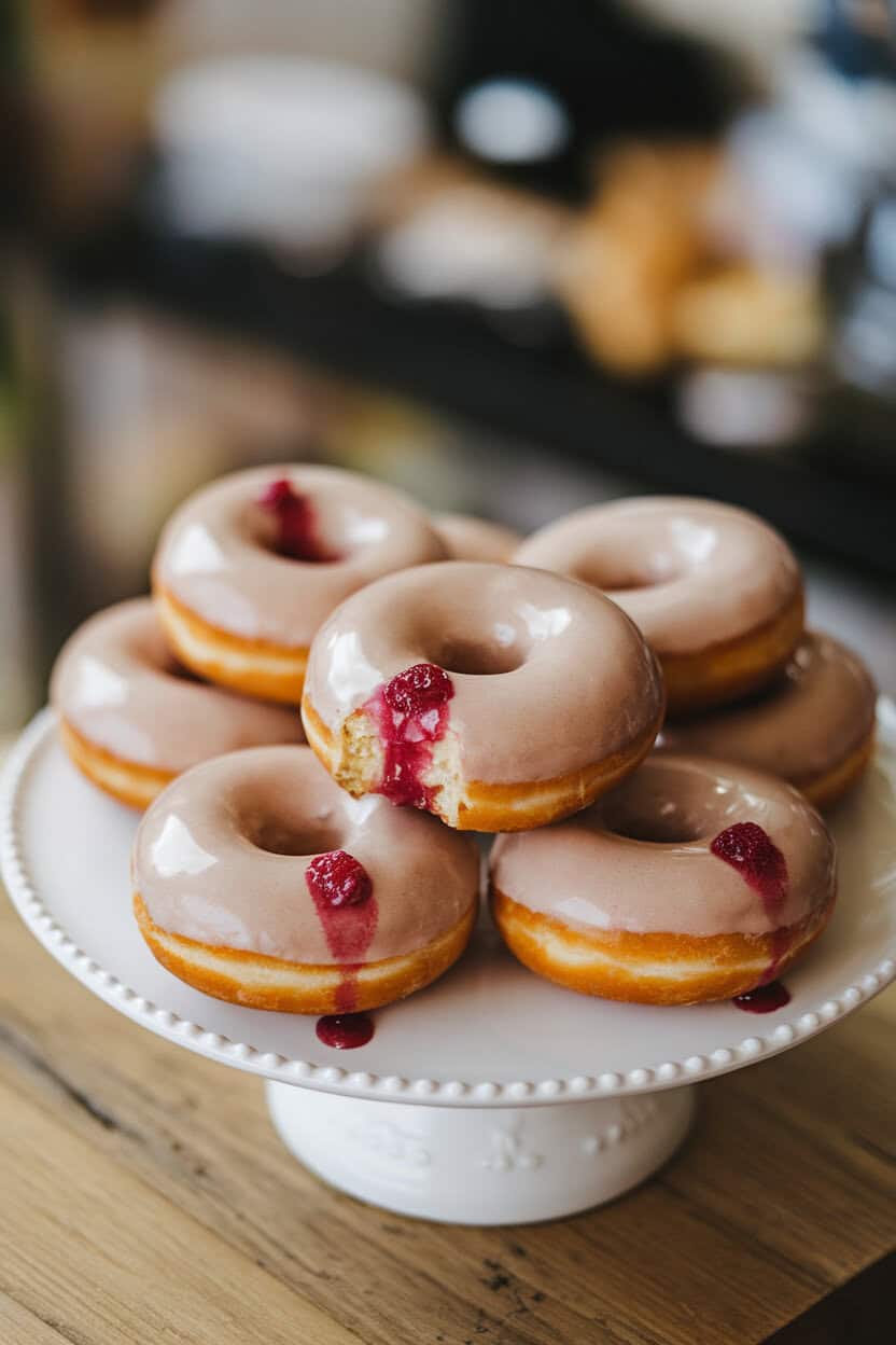 A white indoor platter featuring glazed donuts with two small punctures oozing raspberry jam, plus faint red drizzle around each bite mark. No logos or text, photo only.