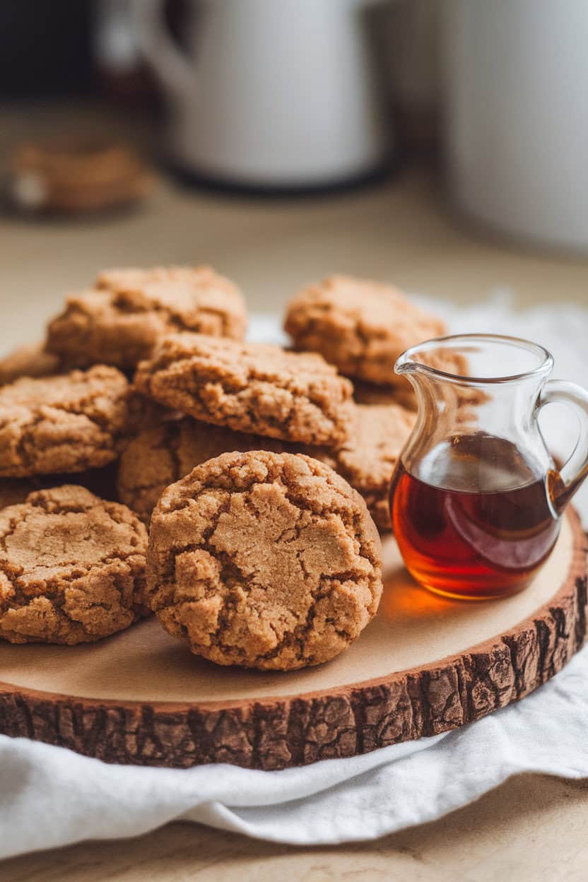 Photo prompt: An indoor kitchen table with maple brown sugar cookies arranged on a wooden board beside a small pitcher of maple syrup. No text or logos included.
