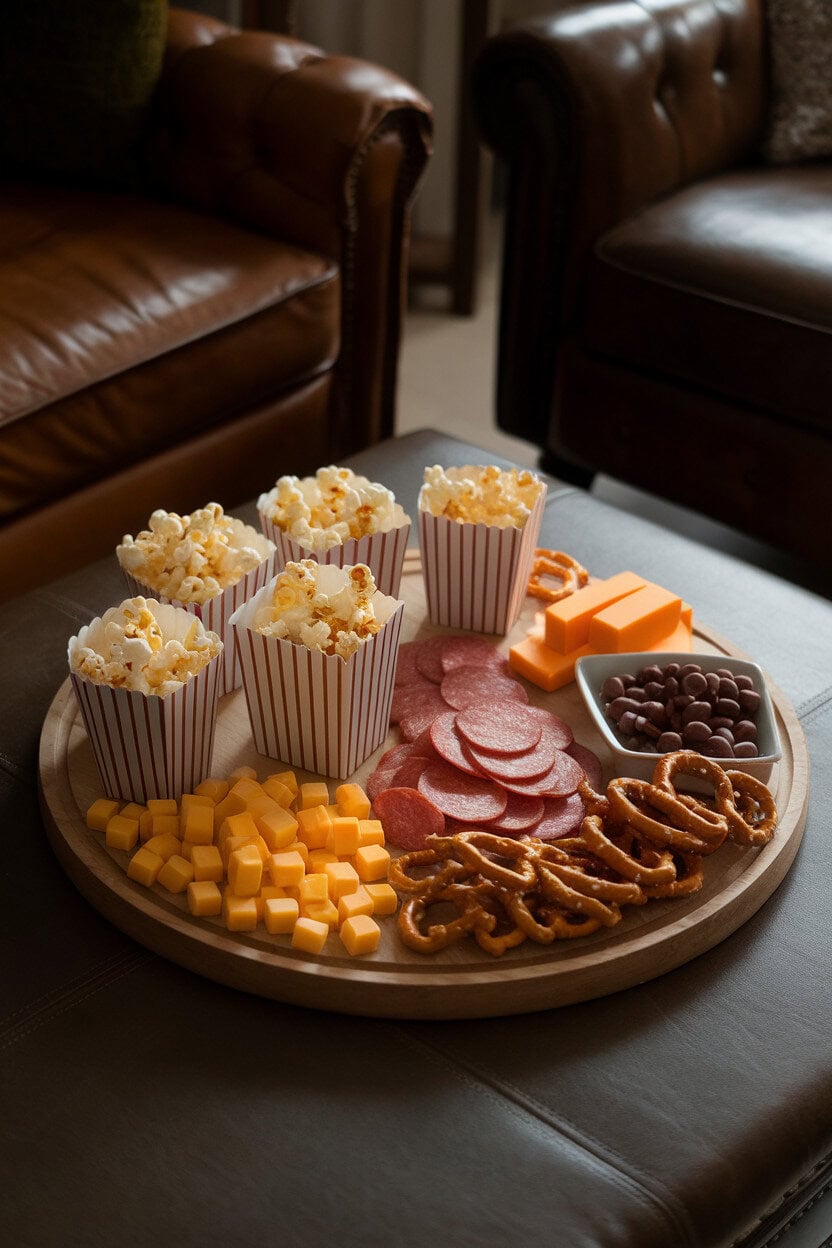 Photo indoors of a coffee table board with popcorn in paper cups, cheddar cheese cubes, pepperoni slices, chocolate-covered raisins, and pretzel twists, dim living-room lighting, no text.