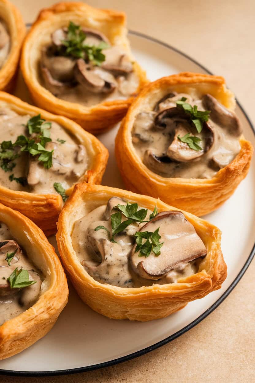 Indoor photo of flaky puff pastry shells filled with creamy mushroom ragout, parsley garnish. No text or logos.