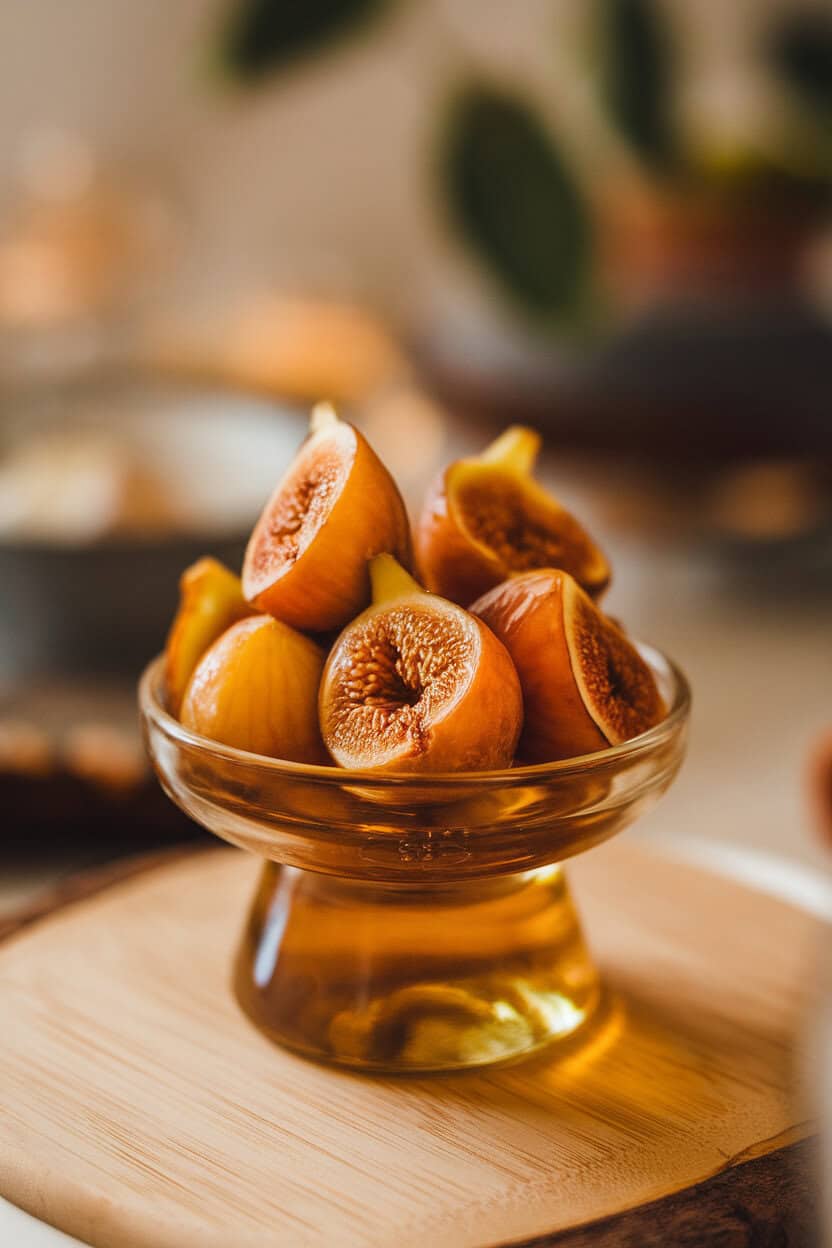 A small indoor serving dish filled with honey-roasted figs, syrup pooling at the bottom, warm soft light, no branding.