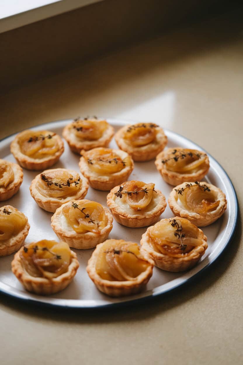 Photo of a tray indoors with small puff-pastry tartlets topped with golden caramelized onions and thyme, no text or logos.