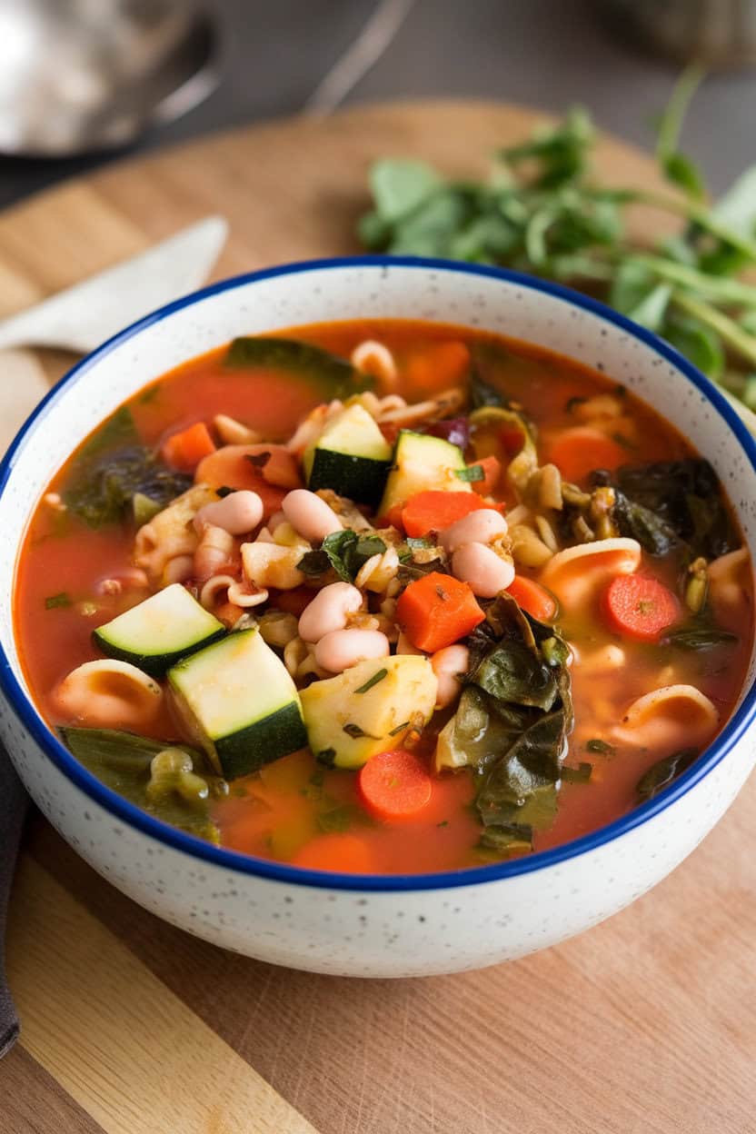 Indoor image of a colorful minestrone—diced zucchini, carrots, white beans, pasta, and greens—in tomato broth. No text or logos