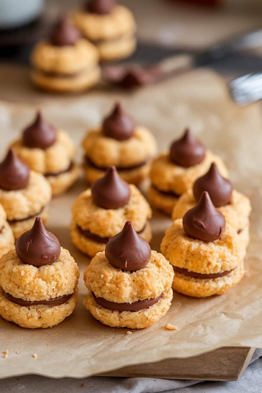 Indoor shot of golden coconut macaroons each crowned with a chocolate kiss, arranged on parchment; no branding or text.