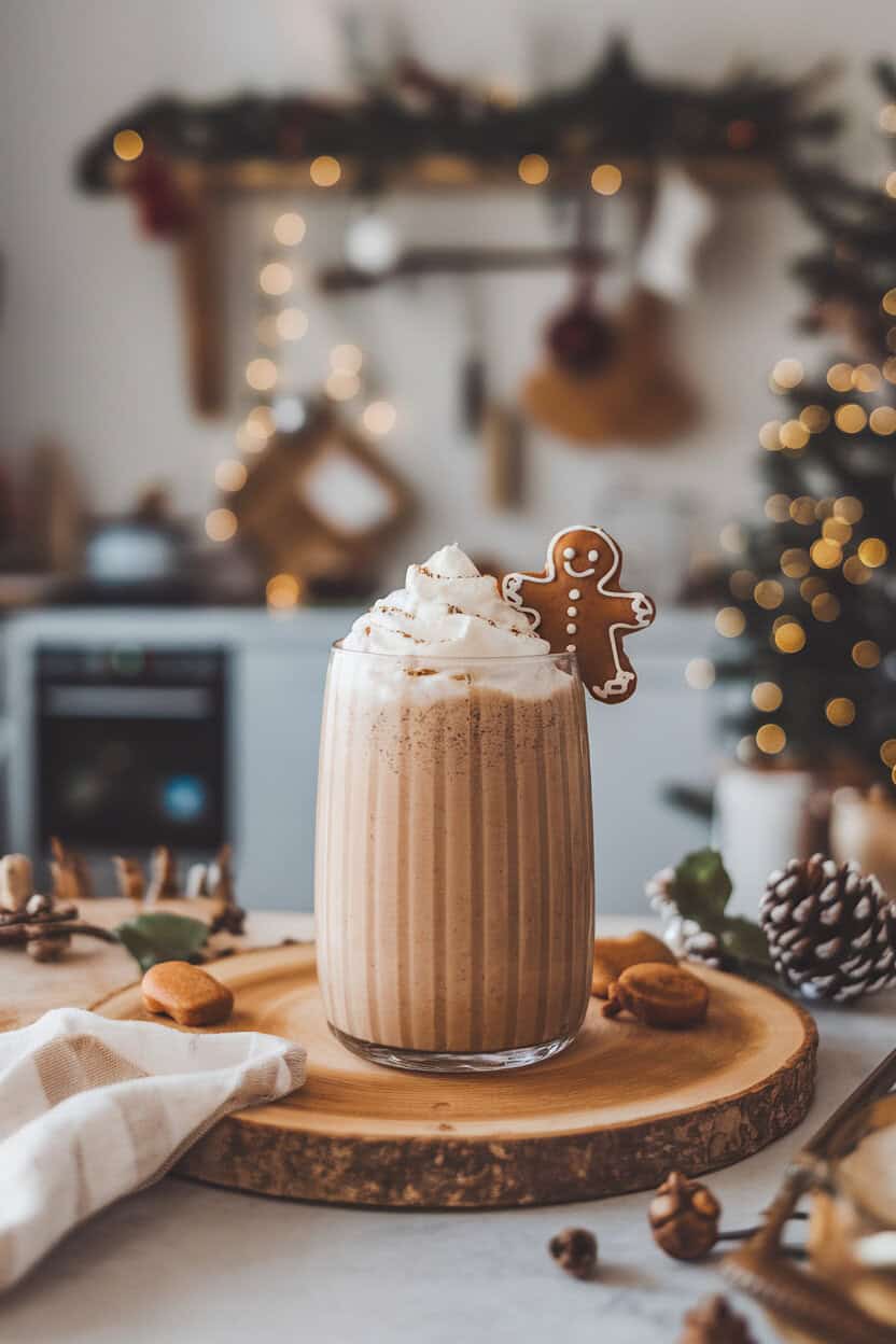 Indoor holiday kitchen, clear glass smoothie with warm brown hue, whipped cream peak and mini gingerbread cookie on rim; no text or logos