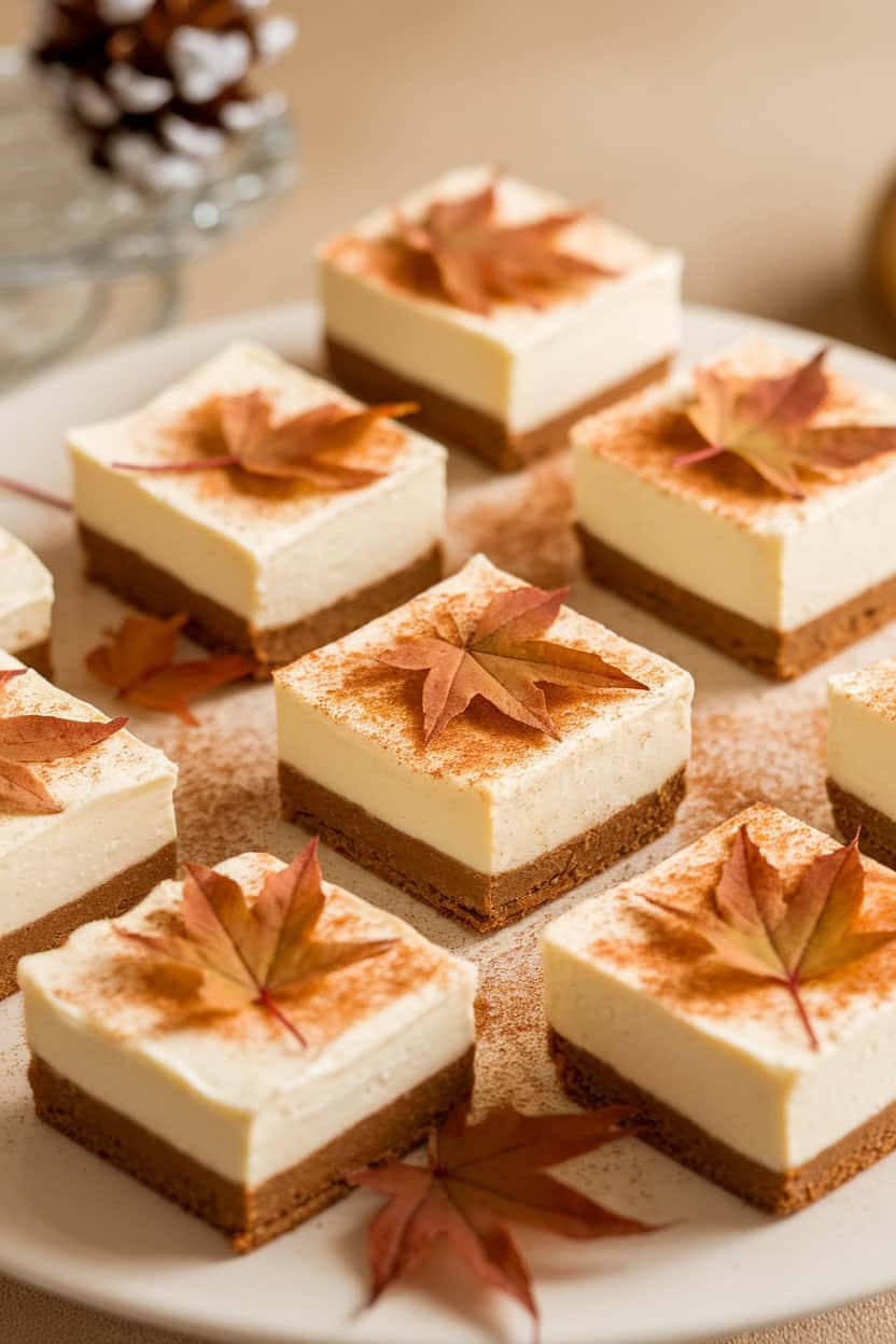 An indoor dessert platter photo of small square gingerbread crusts topped with creamy cheesecake and a dusting of cinnamon, maple leaves used as garnish. No text or logos.
