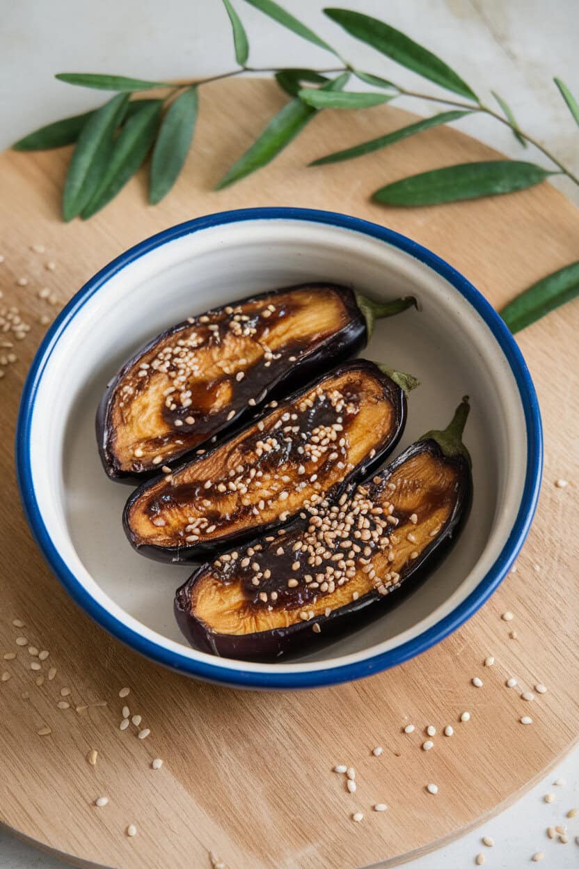 An indoor ceramic dish showing halved, broiled eggplants glazed with caramelized miso and sprinkled with sesame seeds. No text or logos present. Photo, not illustration.