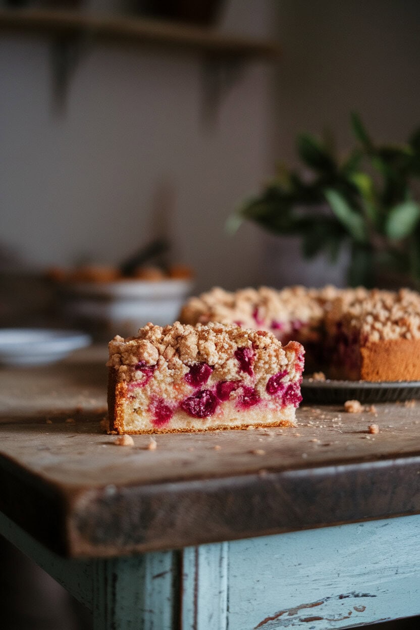 Indoor farmhouse table with a slice of crumble-topped cake, vibrant plum pieces peeking through, crumbs scattered nearby. Photo, no text or logos.